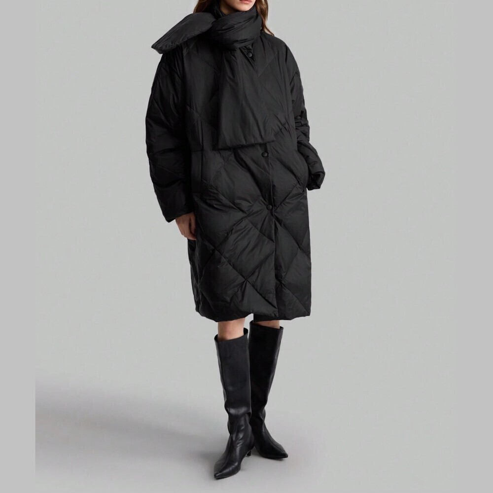Black Diamond Quilted Oversized Puffer Coat Knee Length